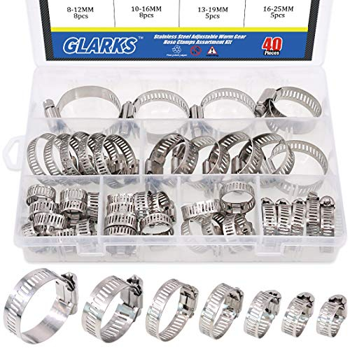 Hose Clamp Set, Glarks 40-Pieces 304 Stainless Steel Adjustable 8-38mm Range Worm Gear Hose Clamps Assortment Kit, Fuel Line Clamp for Water Pipe, Plumbing, Automotive and Mechanical Application