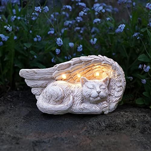 Festive Lights 20cm Gedenkstein mit solarbetriebener LED Beleuchtung Engelsflügel mit Katze Grabdekoration Wetterfest Grabstein Katze Grablicht Solar Gedenkstein Katze Erinnerung Katze Engelsflügel