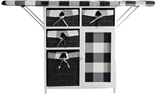 DLT Plegable de Planchado Centro Junta con 4 Rattan cajón y gabinete, portátil Centro de Planchado Tabla de Planchar, Madera y Marco de Acero, Blanco y Negro Plaid