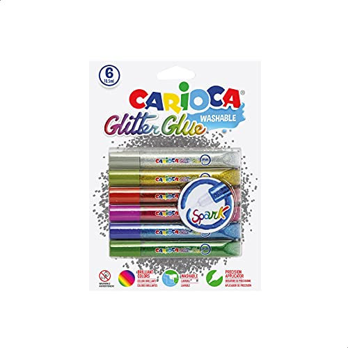 Carioca 42110 - Glitter Glue Blister Confezione 10.5 ml, 6 Colori Classici, Colla Colorata per Decorazioni