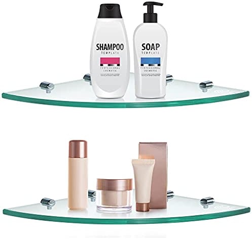 Skelang 2Pcs Bathroom Shower Caddy Wall Mounted 240x240mm, Shampoo Holder Organizer with 8 Brackets, 8mm Thick Tempered Glass Corner Shelf for Kitchen, Living Room, Bedroom