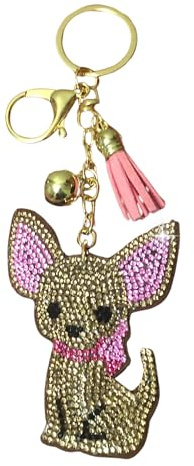 Popfizzy Strass-Schlüsselanhänger für Frauen und Mädchen, glitzernde Geldbörsenanhänger, Geburtstagsgeschenke für sie, Rucksack-Schlüsselanhänger, Taschenanhänger, Brauner Chihuahua (Gold