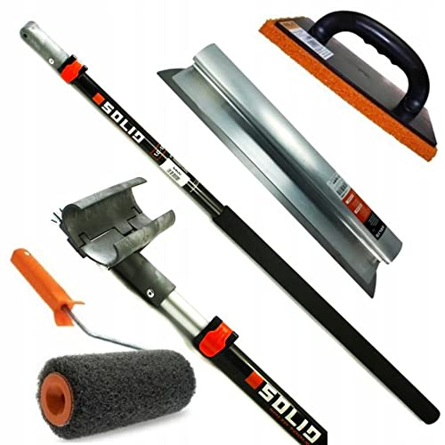 SOLID PROFI SET - Flächenspachtel edelstahl mit aluminium teleskopstange und stielaufnahme für spachtel - Reibebrett Kunststoff mit Schwammgummi und Rollspachtel - MADE IN EU (65 cm)