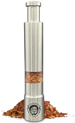 UNCLE SPICE® Trinidad Scorpion Chiliflocken in Einhandmühle aus Edelstahl – ca. 4 g EXTREM scharfe Chili Flakes robuste Gewürzmühle mit Kolbenmechanik & Sichtfenster – ideal für BBQ Küche & To-Go