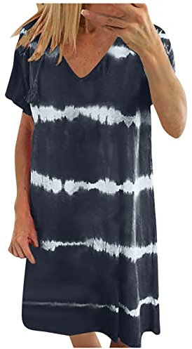 Ni_ka Robe Rayures Femme Grande Taille Robes Courtes Col V Sexy Women Dress Summer Casual Manches Courtes Dresses Long Tops T-Shirt Noir 5XL,Ni_kadress44623