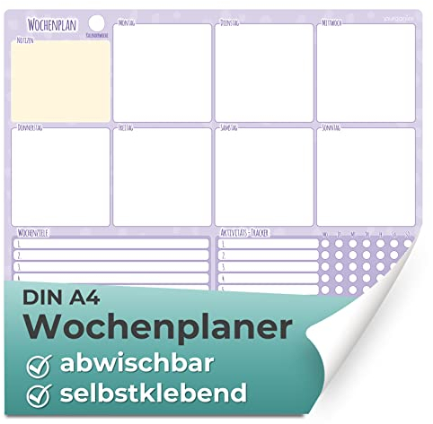 YOURGANIZE® Wochenplaner - DIN A4 - Abwischbar & Selbstklebend - Whiteboard für Mehr Produktivität - Flieder (Lila)