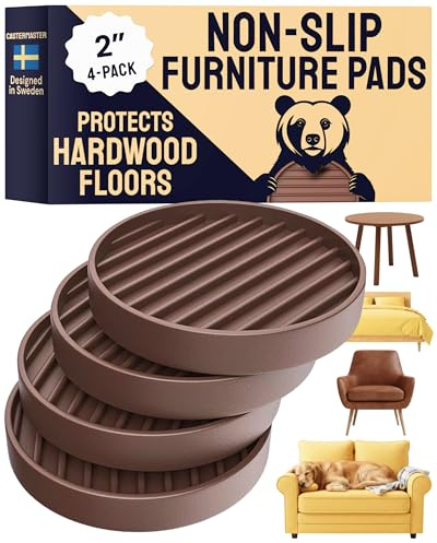 CasterMaster Non Slip Furniture Pads - 2x2 Brown Round Rubber Anti Skid Caster Cups Leg Coasters - Couch, Chair, Feet, and Bed Stoppers with Anti - Sliding Floor Grip (Set of 4)