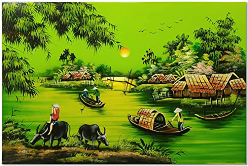 Art Saigon Tableau en Bois Laqué Peint, Campagne du Vietnam, Fait Main, L60xH40cm - Peinture Mural de Décoration, Style Asiatique - Artisanat du Vietnam (S37-184804)