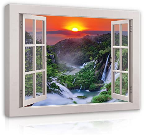 Leinwandbild Fensterbilck Fenster Wasserfall Natur Sonnenuntergang 120x80 cm | Canvas Leinwand Bilder Wandbilder für Schlafzimmer Wohnzimmer Wandbild Kunstdruck Bild auf Leinwand Aufhängefertig