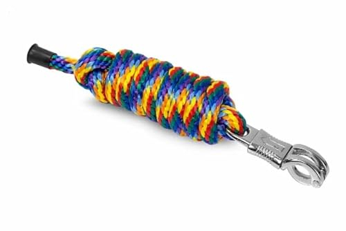 Start Führstrick Pferd 2 m – Robuster Anbindestrick mit Panikhaken oder Karabiner – Reißfest & Wetterfest – Führseil für Stall, Bodenarbeit & tägliches Training (Königsblau/Gelb/Rot, Panikhaken)