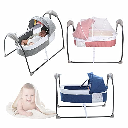Elektrische Babybett 3-Gang-Schaukel, Automatik Babywippen Schaukelbett Intelligente Babyschaukel mit Fernbedienung, Babybett mit Kissen, Matratze, Moskitonetz, Verdunkelungszelt (Blau)