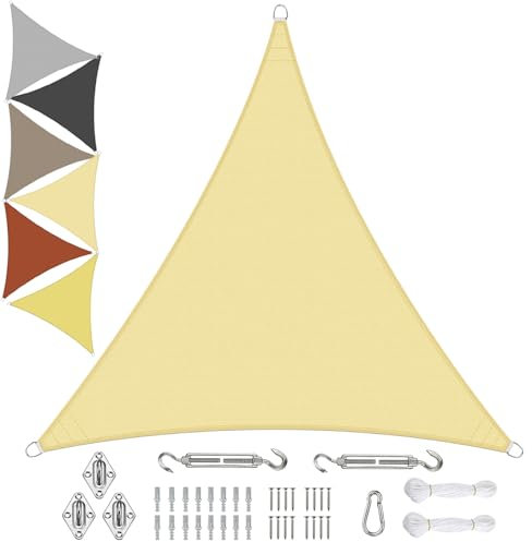 Sichtschutz Sonnensegel Wasserdicht Dreieckigig 4x4x4m aus PES-Polyester 95% UV-Schutz Witterungsbeständig Reißfest Viele Größen und Farben mit Befestigungsset für Terrasse Garten, Beige