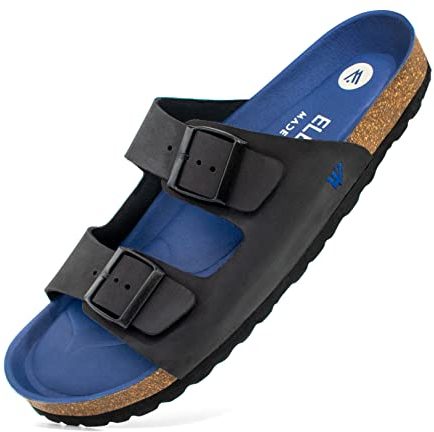 ELEWERT® Herren Leder Pantoletten | Bequeme Sandalen | Memory Foam Insole | Anatomisches Korkfußbett | Handgefertigt in Spanien | Biocomfy Charmer | Schwarz/Space, EU45