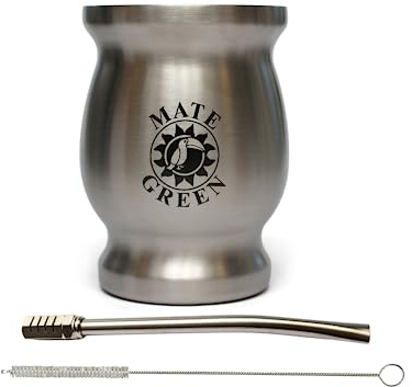 Gaucho Cebar Yerba Mate Tea Set, Mate Tea Cup Made of Stainless Steel with Removable Bombilla Straw for Yerba Mate Tea, Mate Tea Set, Easy to Clean and Very Durable (Silver)