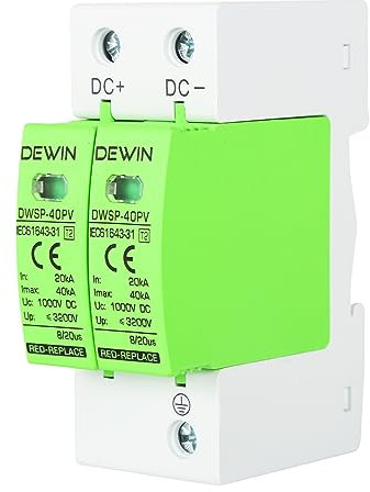 DEWIN Dispositivo de protección contra sobretensiones, 2P 40KA Dispositivo de pararrayos fotovoltaico DC 1000V Protector contra sobretensiones Dispositivo de protección contra rayos Carril DIN de 35mm