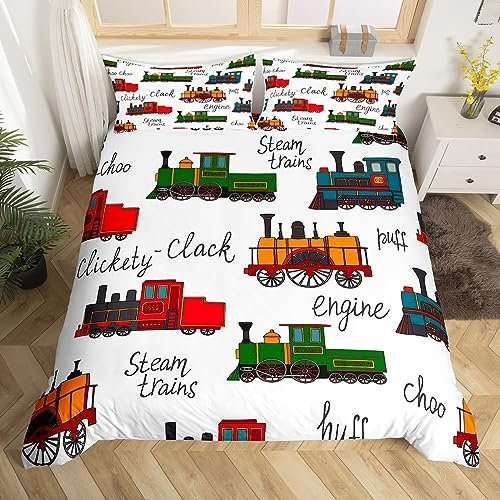 Vintage Zug Bettwäsche Set S Größe Cartoon Zug Auto Bettbezug Set Kinder Jungen Mädchen Zimmer Dekor Transport Fahrzeuge Tröster Abdeckung Gelb Rot Grün Zug Quilt Cover,1 Kissenbezug