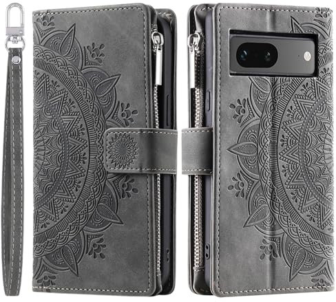 VEEMOS Handyhülle für Google Pixel 7 hülle Klappbar Blumen Handytasche Schutzhülle Klapphülle mit Kartenfach Handy Tasche Book Cover Flip Case Ständer - Grau