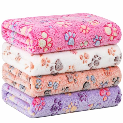 Tatuo 4er-Set weiche, warme Haustierdecken mit Pfotenmuster für Welpen, Katzen und Meerschweinchen, Größe XXXL (130 × 160 cm), Farben Weiß, Kaffee, Rosa, Violett