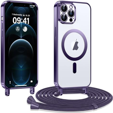 Kokio Coque pour iPhone 12 Pro Max avec Cordon, Etui à Transparente Housse Compatible avec MagSafe, Antichoc Protection Coque pour Magnétique avec Réglable Collier, Violet