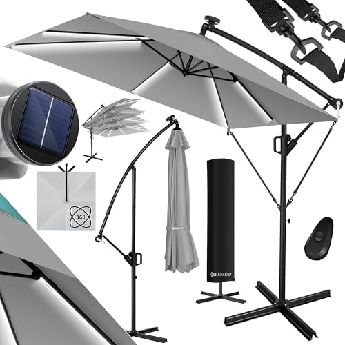 KESSER® Ampelschirm Holly Sonnenschirm Rechteckig LED Solar inkl. Abdeckung | Kurbel-Schirm mit Ständer UV-Schutz Aluminium Wasserabweisend Ø350cm Gartenschirm Hellgrau