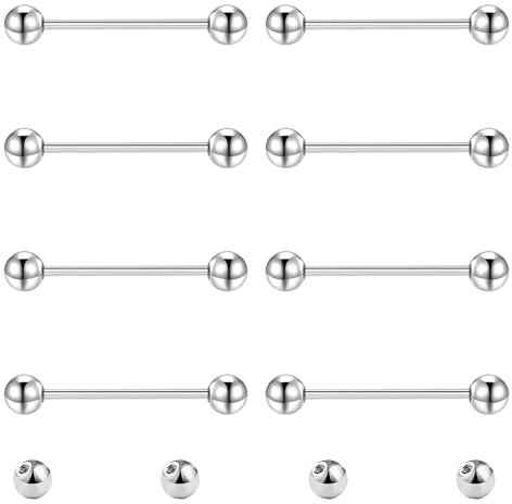 Gojewen 8er Zungenpiercing Brustwarzenpiercing und 4er Ersatzkugel Chirurgenstahl Silber Piercing Zunge Brustwarze Barbell 18mm