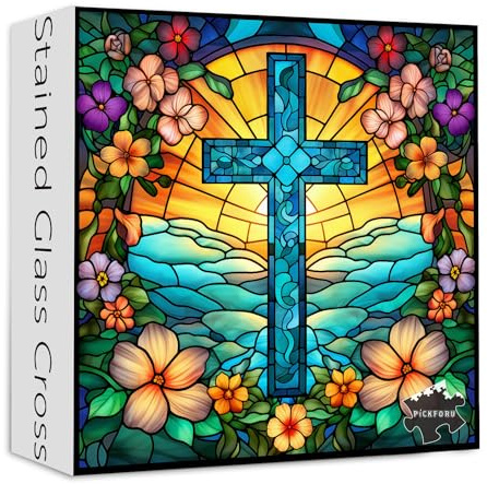 Cross Stained Glass Puzzles for Adults 1000 Pieces and up, PICKFORU Christian Puzzles with Colorful Flower, Religious Puzzle as Home Decor