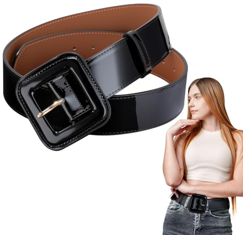 GALPADA Cintura in vera pelle: ampia cintura retrò in pelle verniciata con fibbia quadrata, ampia cintura a vita alta per jeans da donna