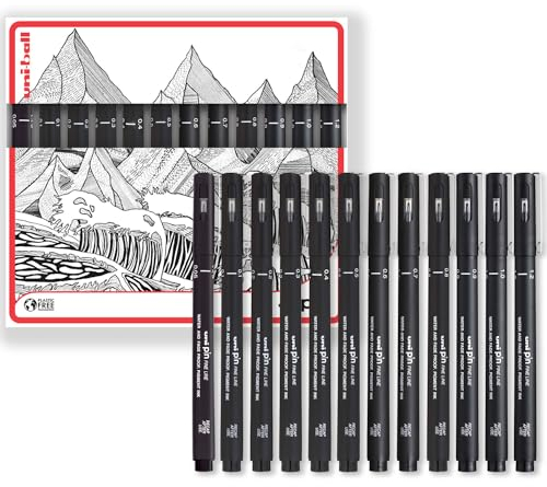 uni-ball PIN Fineliner, schwarze feine Spitze, wasser- und lichtbeständige Tinte, ideal für Skizzen, Scrapbooking, Konturen, Kunst, technisches Zeichnen, in Geschenkbox (12 Stück, gemischt)