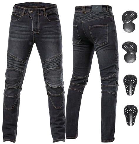 ForMTRider Pantaloni Moto Uomo con Armatura CE, Jeans Elastici in Denim per Tuta da Moto a Tutte Le Stagioni,Nero Vintage,XL=38W/31L