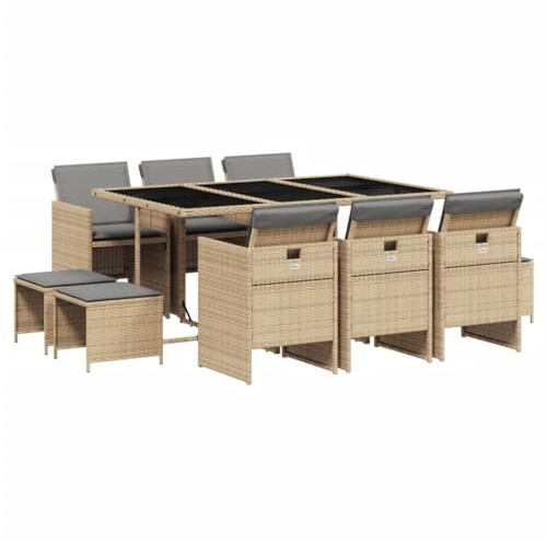 vidaXL Garten Essgruppe 11-TLG., Gartenmöbel Set mit Kissen, Gartengarnitur Tisch 6 Stühle 4 Hocker, Sitzgruppe Sitzgarnitur, Beigemischung Poly Rattan