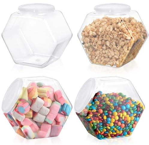Bocaux À Bonbons Hexagonaux En Plastique 4 Pièces Pots À Biscuits En Plastique Avec Couvercles Conteneur De Stockage Des Aliments À Large Bouche Conteneurs De Conservation Transparents Pour Cerea