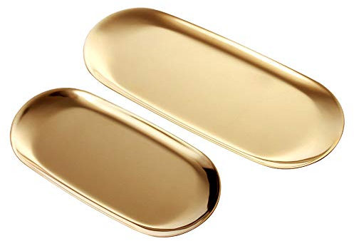 Wisboey 2 Sets Gold Oval Stainless Steel Trinket Tray,Towel Storage Dish Plate Tea Fruit Trays Cosmetics Jewelry Plate