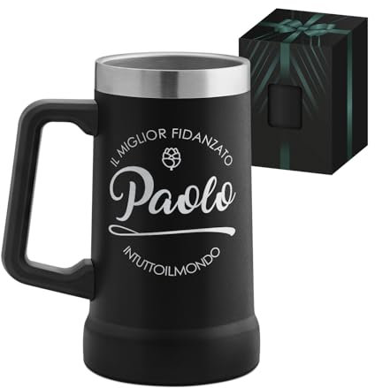 Maverton Boccale da birra personalizzato in acciaio inox - Tazza termica nera da campeggio 700ml - Bicchiere termico 6h caldo/10h freddo - Bicchieri birra - Regalo uomo compleanno - Regalo fidanzato