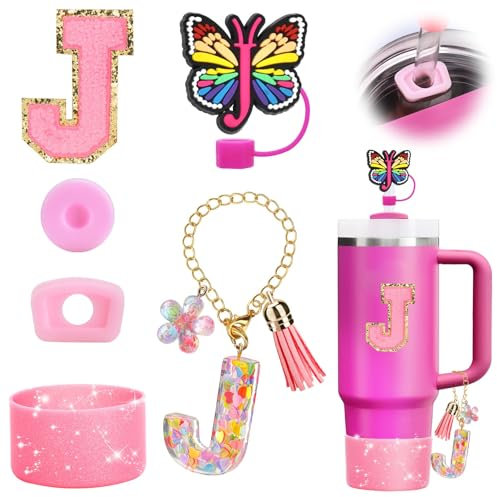 Supchamp Cup Zubehör für Stanley Cup - Quencher Zubehör Auslaufsicher Accessories Silikon Anhänger Becherhalter Strohhalm Abdeckung für Tumbler Buchstabe J