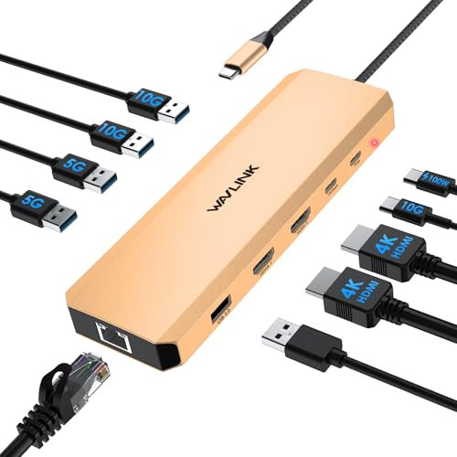 Estación de Amarre para portátiles,WAVLINK 10G Hub USB con Doble HDMI, PD 100W, USB3.2, USB3.0, USB 2.0, Ethernet Gigabit para DELL/HP/Lenovo etc,Solo para computadoras con Sistema operativo Windows