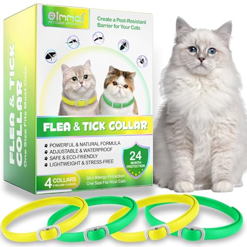 Collier Anti Puces pour Chat, Collier Anti-puces et Anti-tiques pour Chat, Protection Efficace de 24 Mois (Vert et Jaune, 4PCS)
