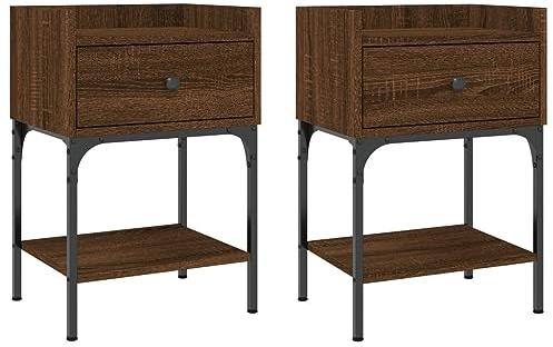 vidaXL 2 pcs Brown Oak Bedside Tables - Industrial Style Nightstands with Iron Frame, Ample Storage, Adjustable Stability, Engineered Wood Construction