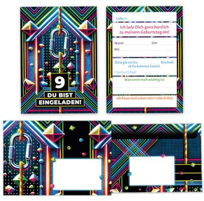 12 Einladungskarten incl. 12 Umschläge zum 9. Kindergeburtstag Mädchen Jungen Klettern Kletterpark coole bunte Einladungen neunte Geburtstag