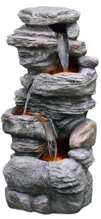 Pond Water Features Cascading Bowls And Stacked Stones LED Outdoor Water Fountain For Gardens Outdoor Water Feature(Schist Rock)