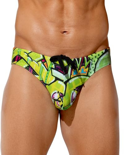 Mauro Kane Maillot de Bain pour Homme, Slip de Bain Taille Basse Swim Briefs pour Piscine Plage Plongée, Cordon de Serrage Réglable avec Imprimé Shorts Vert S