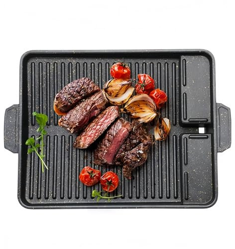 Grillplatte rectangular, Grillpfanne, Grillaufsatz für Gaskocher, Grillpfanne, 37x26 cm Antihaftbeschichtpfanne für Campingkocher für Induktion Gas Ceran
