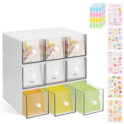 SITAKEGS 3Packs Plastic Tea Bag Organiser Stackable Tea Box with Drawers | Sugar Coffee Container White Vertical Tea Caddy Packet Holder Kitchen Storage for Cupboard Countertops Cabinets Pantry