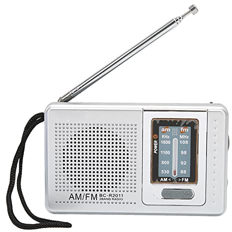 Portable AM FM Radio, Vintage Speaker Battery Operated for Real Time News, Classical Pocket Radio with Built in Speaker for Outdoor Travel, Silver Grey