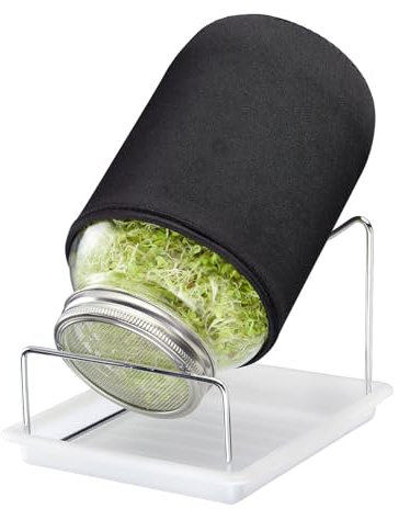 Westmark Sprossenglas Set, 1 STK. – Sprossen Anzuchtset mit Edelstahl-Siebdeckel & Abtropfgestell – Für Sprossen Samen, Microgreens & mehr – 2000 ml, Schwarz/Rot