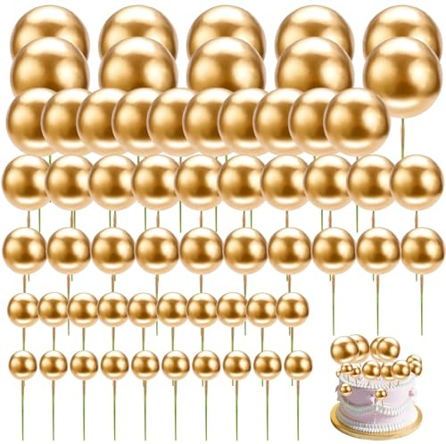 60pcs Gold Ball Cake Toppers – Metallic Round Ball Decorations for Cakes, Cupcakes, Desserts – for Birthdays, Weddings, Parties – Varying Sizes Included