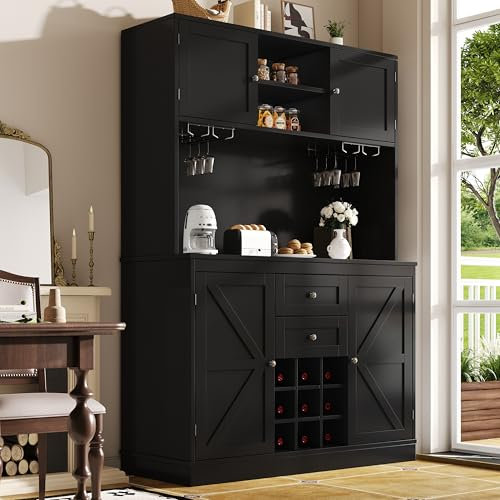 Armario de cocina con estantes ajustables y botellero, armario alto de cocina buffet con 4 puertas y 2 cajones, aparador para cocina y salón, armario buffet, color negro