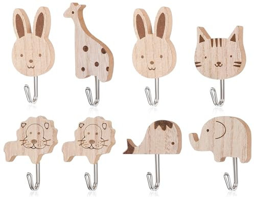 OYIWINMI 8 ganchos para ropa para niños, ganchos para guardarropa, elefantes, ballenas, gatos, leones, conejos, jirafas, animales de madera, ganchos de pared para habitación de los niños, dormitorio