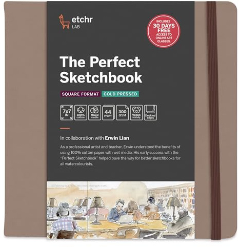 Etchr The Perfect Sketchbook Deckle Edition – Premium 300 GSM 100% Cotton Cold-Press, Hand-Torn Deckled Edges, Lay-Flat Binding, Vegan Leather Cover (7 x 7 Inch Square)