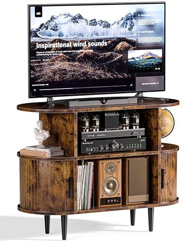35.4 Fluted Small TV Stand, Mid Century Modern TV Stands for Bedroom, TV Entertainment Center with Storage for TVs, Media Console Cabinet with Sliding Doors for Bedroom, Living Room, (Brown)