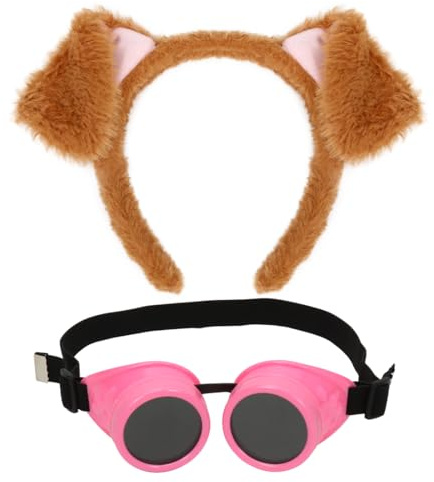 Serre Tête Oreilles de Chien en Peluche, Lunettes Rose Steampunk, Oreilles Chien Bandeau, Oreille Dog Deguisement, Costume d'animal Accessoires pour Carnaval Halloween Noël Festival Cosplay
